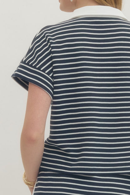Short Sleeve Knit Top - Navy Stripe