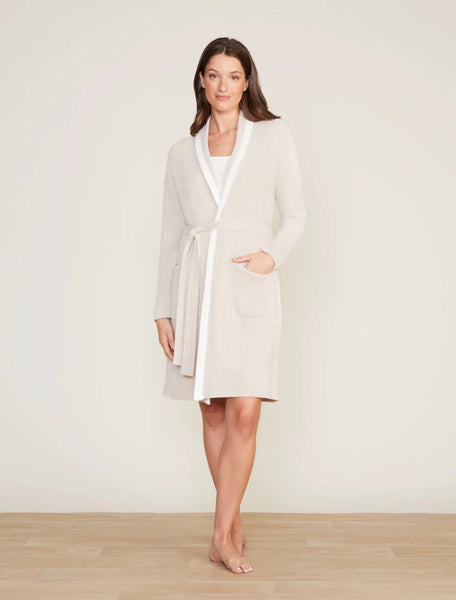 CozyChic Ultra Lite Tipped Ribbed Short Robe - Stone/Pearl