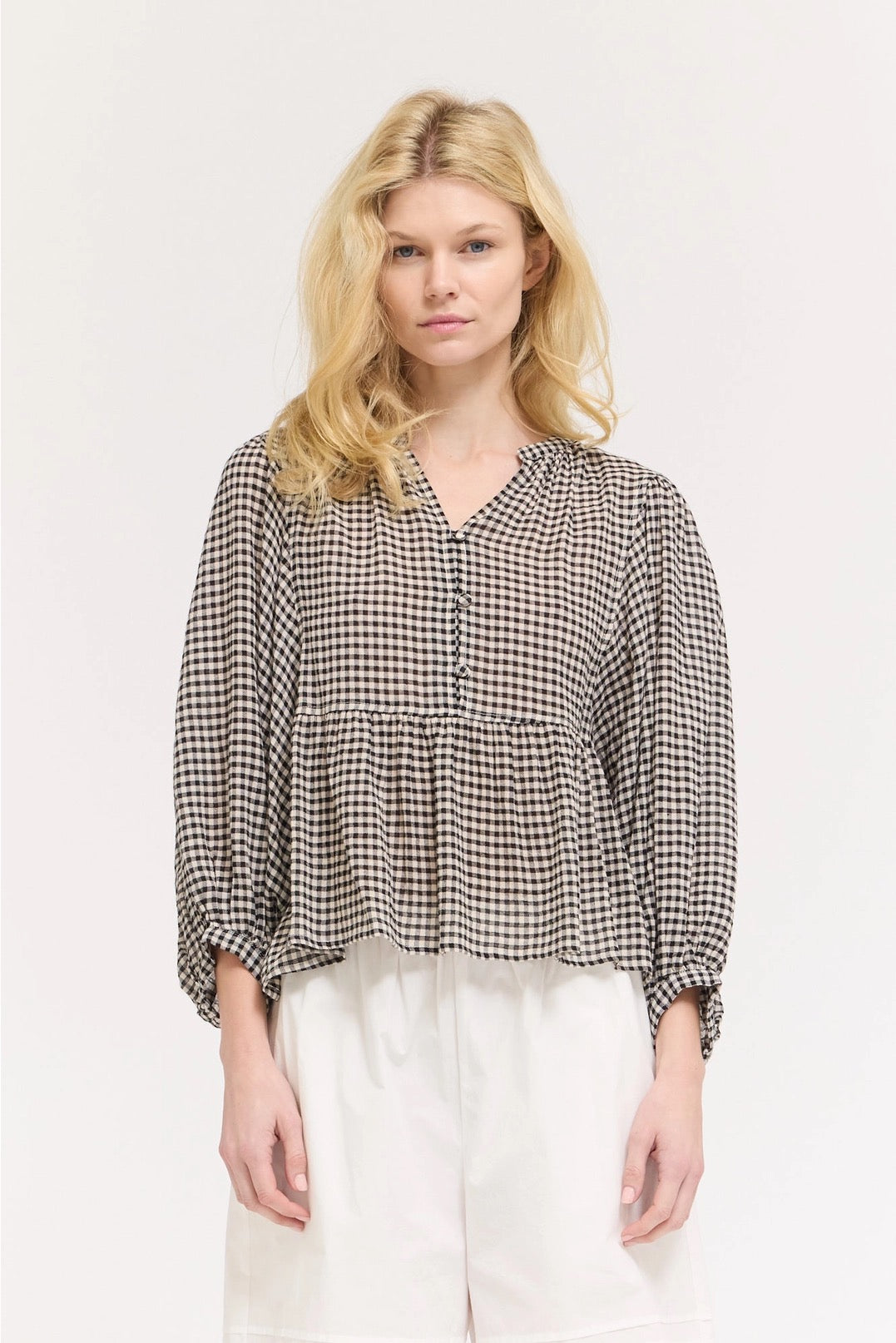 Balloon Sleeve Blouse - Black Gingham