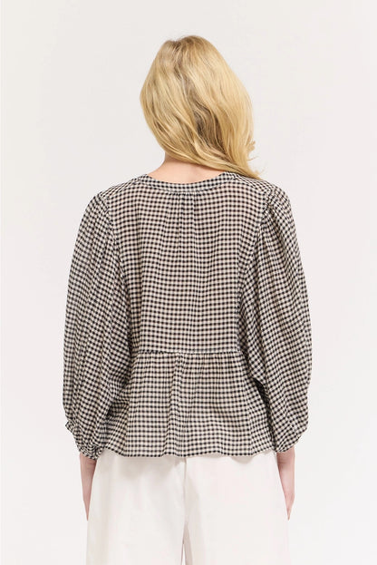 Balloon Sleeve Blouse - Black Gingham