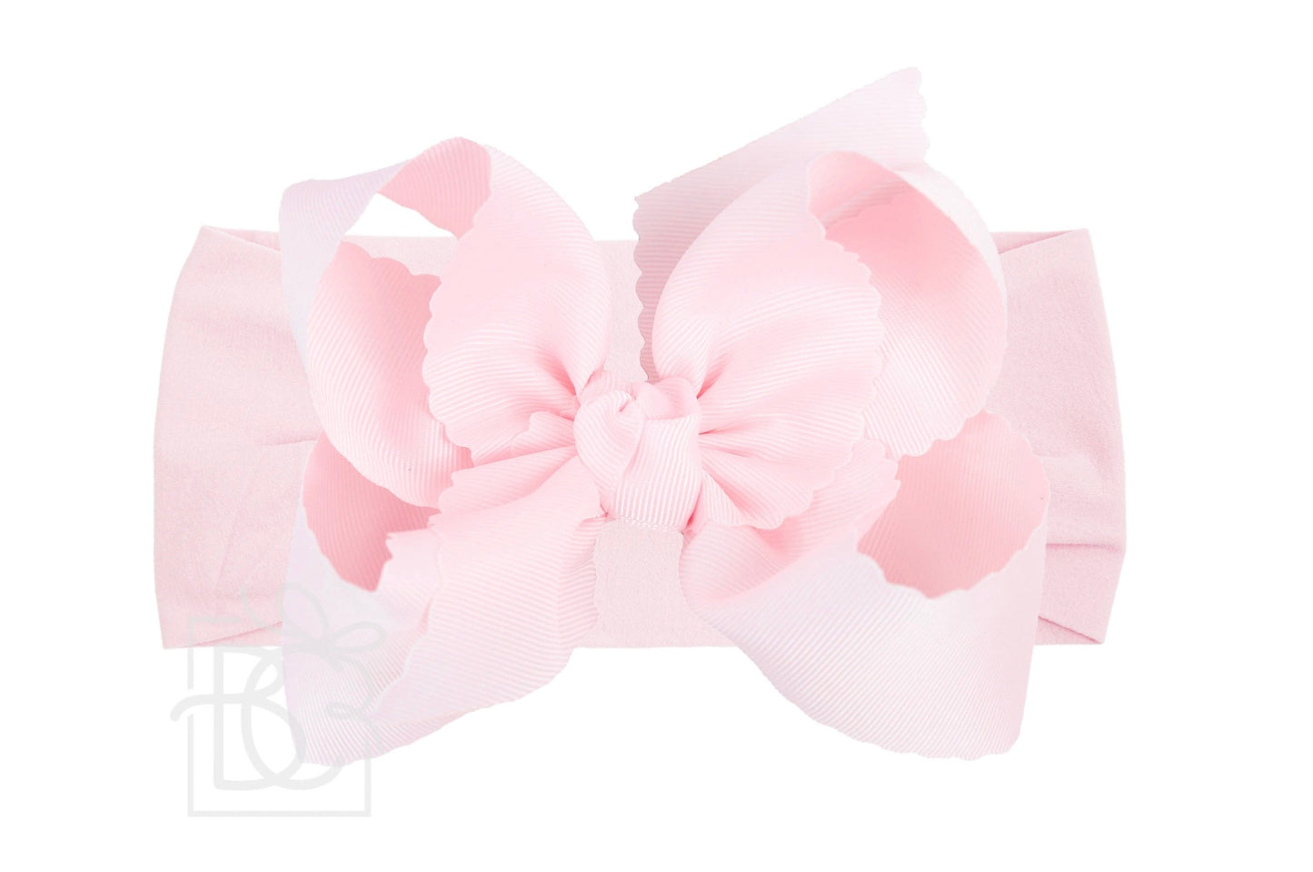 Wide Nylon Headband w/ Scalloped Edge Bow: 5.5" - Powder Pink