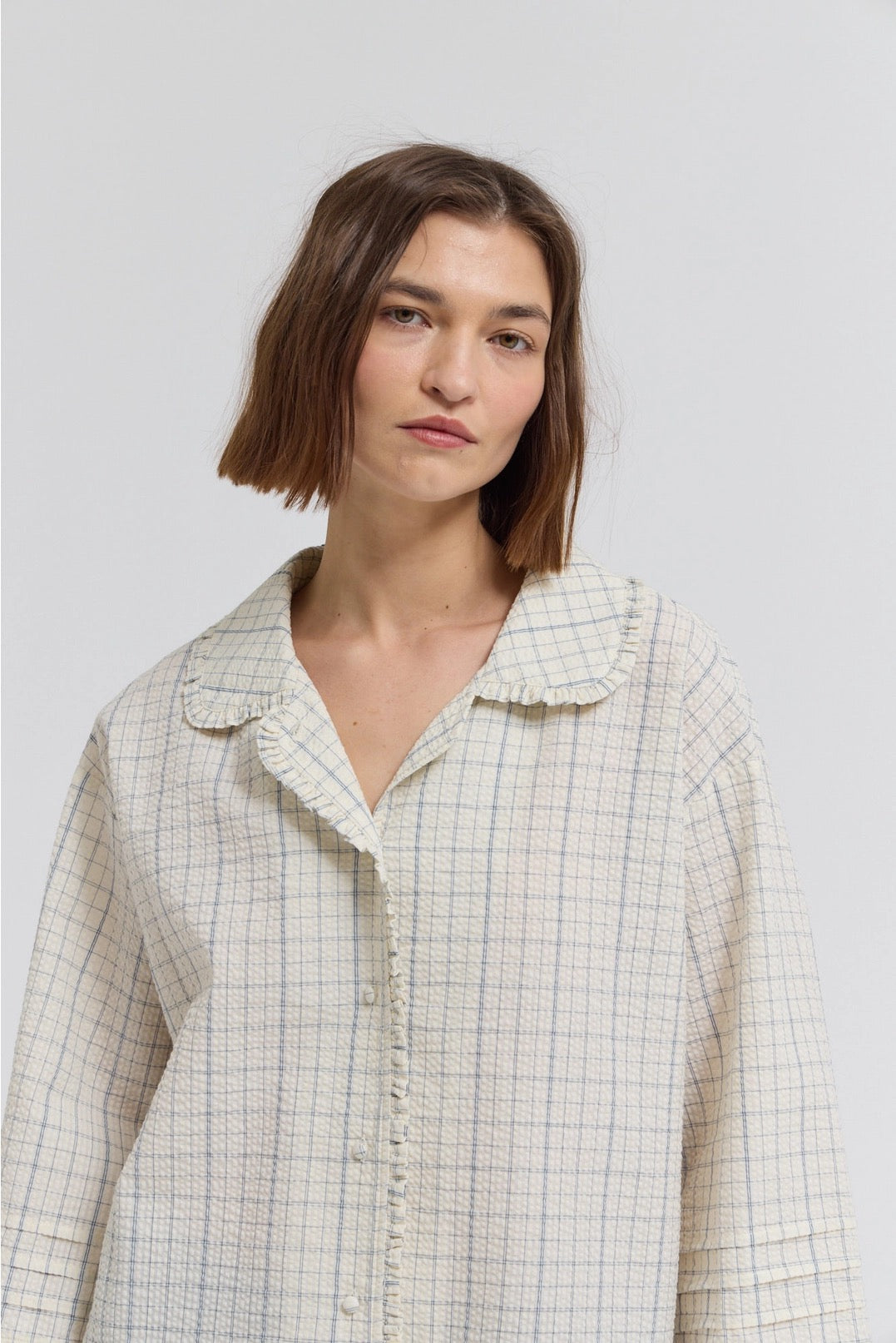 Ruffle Pleated Sleeve Shirt - Blue Grid