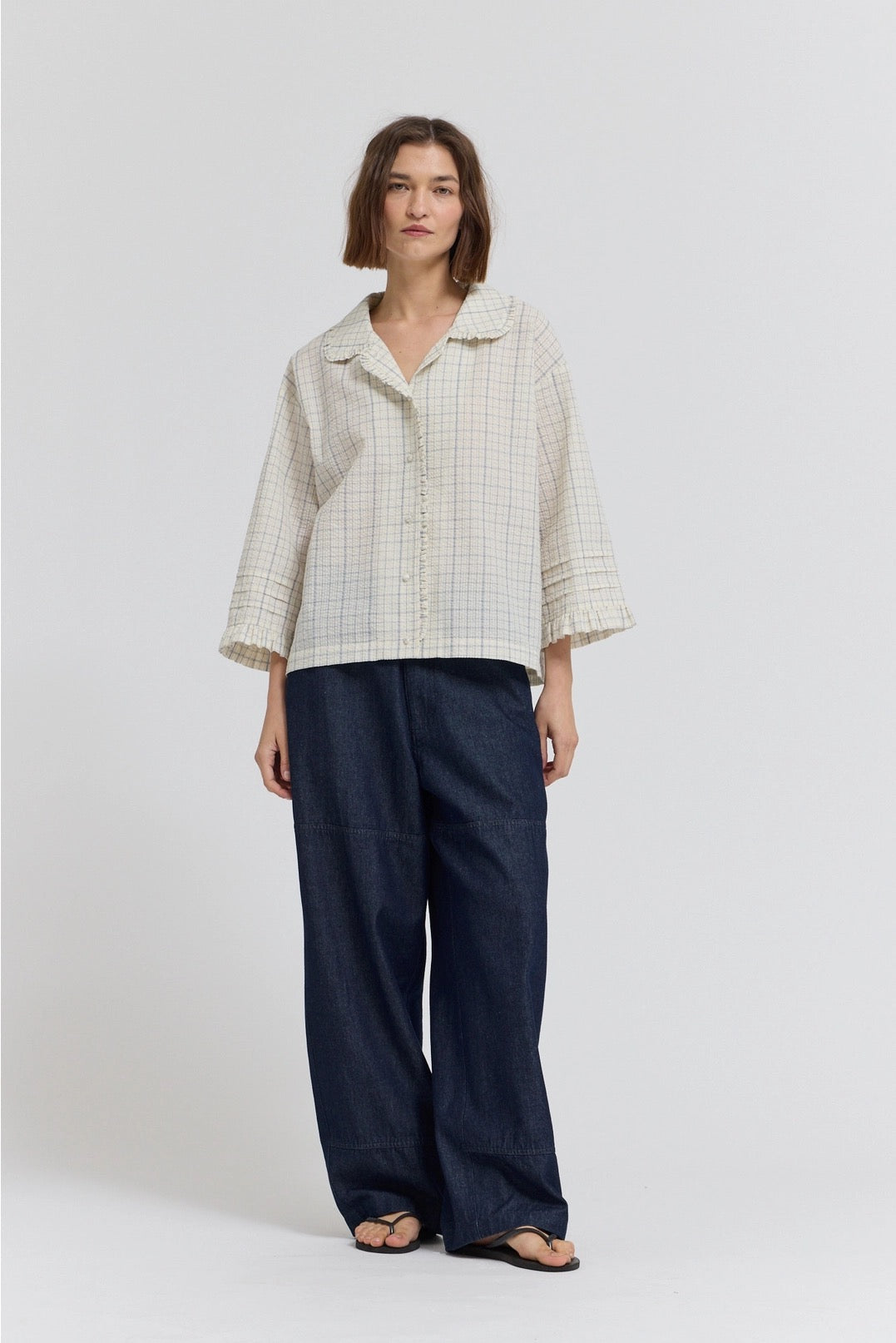Ruffle Pleated Sleeve Shirt - Blue Grid