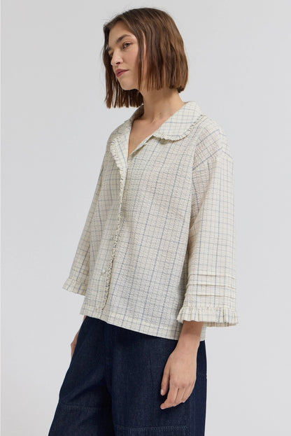 Ruffle Pleated Sleeve Shirt - Blue Grid