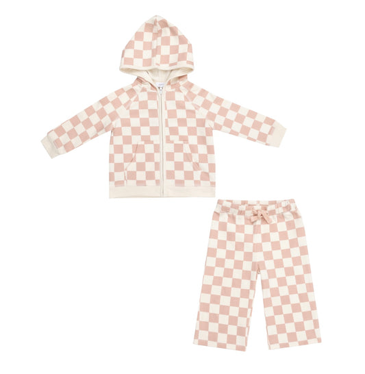 French Terry Checkerboard Pink - Zip Hoodie + Wide Leg Pant
