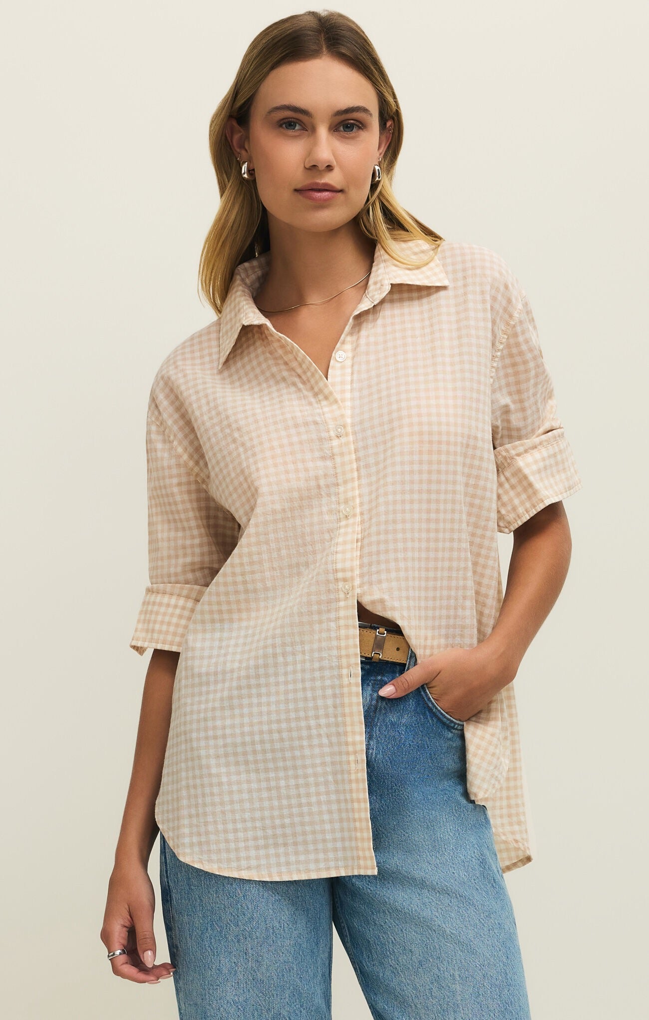 Seaport Button Up Top - Parchment Gingham