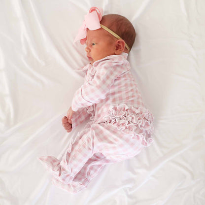 Peter Pan Collar Ruffle Zipper Footie: Rosy Gingham