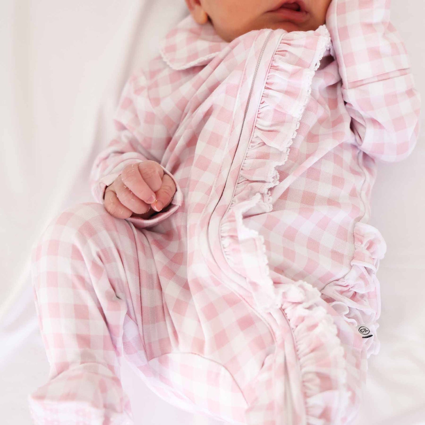 Peter Pan Collar Ruffle Zipper Footie: Rosy Gingham