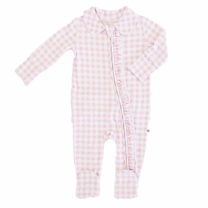 Peter Pan Collar Ruffle Zipper Footie: Rosy Gingham