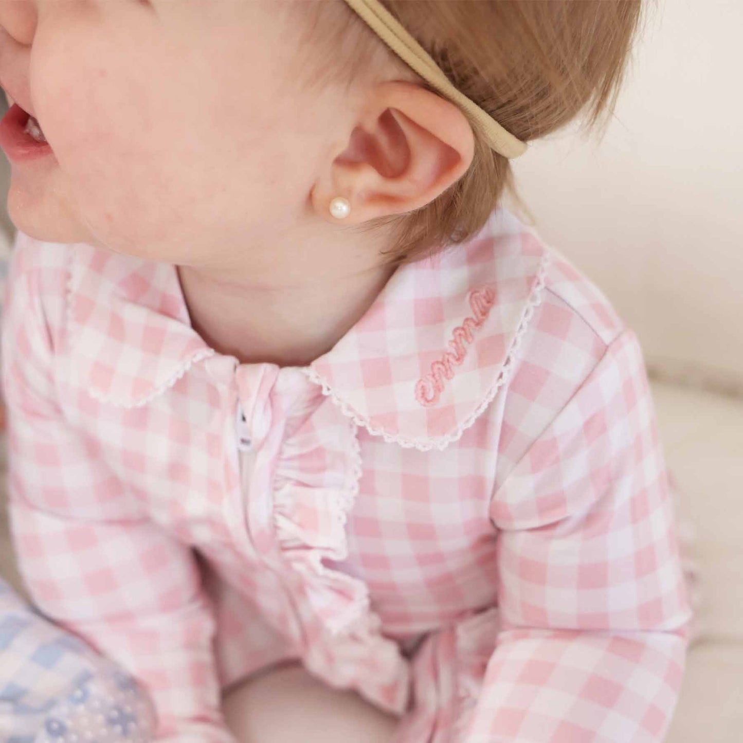 Peter Pan Collar Ruffle Zipper Footie: Rosy Gingham