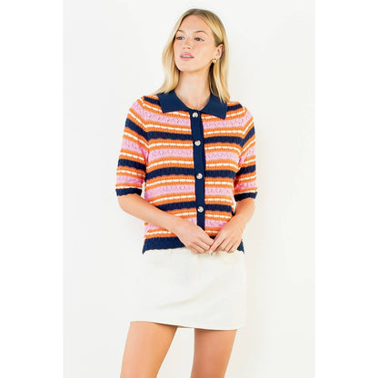 Short Sleeve Striped Knit Cardigan