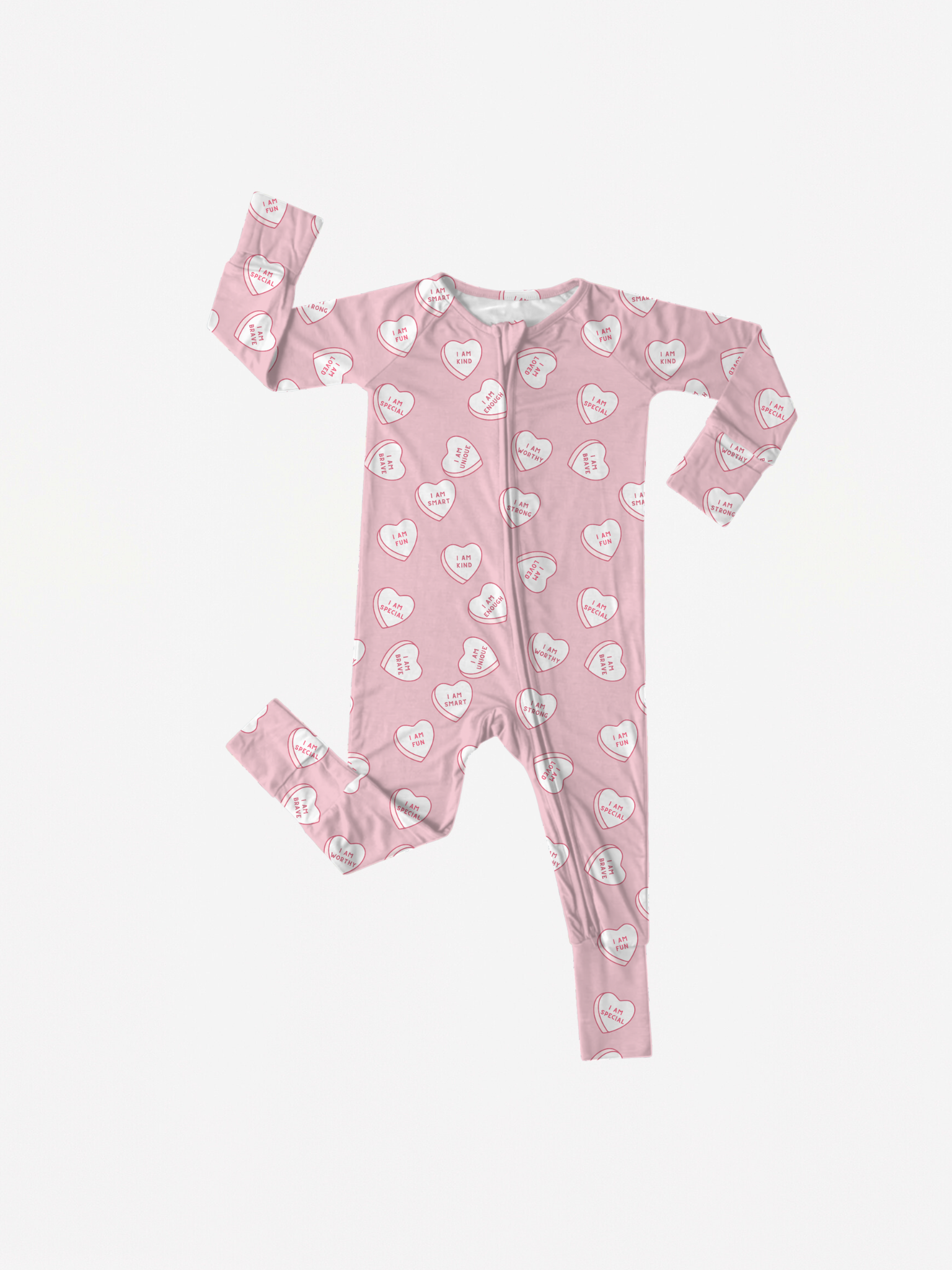 Valentine's Day Affirmation Heart Zip Pajamas- Pink