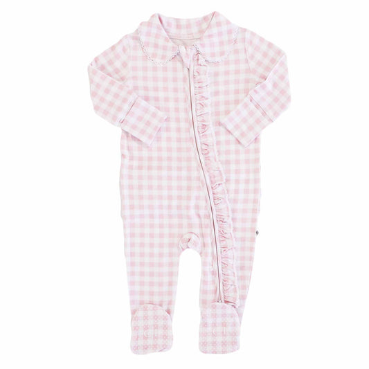 Peter Pan Collar Ruffle Zipper Footie: Rosy Gingham