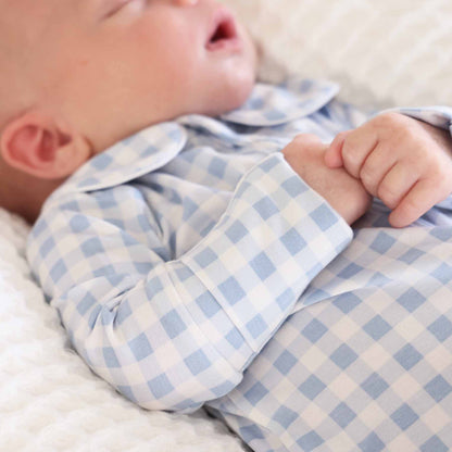 Pan Collar Zipper Footie: Dusty Blue Gingham