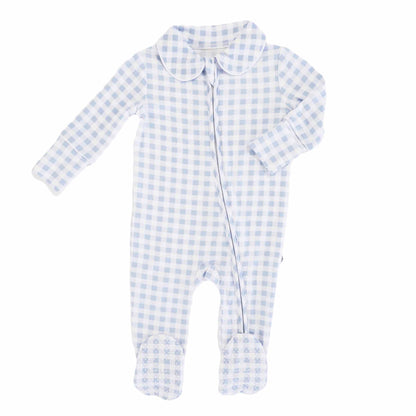 Pan Collar Zipper Footie: Dusty Blue Gingham