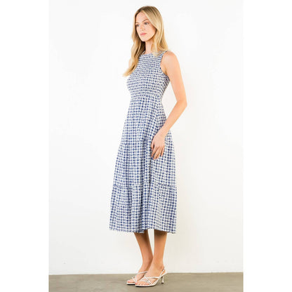 Sleeveless Navy Gingham Patterned Dress