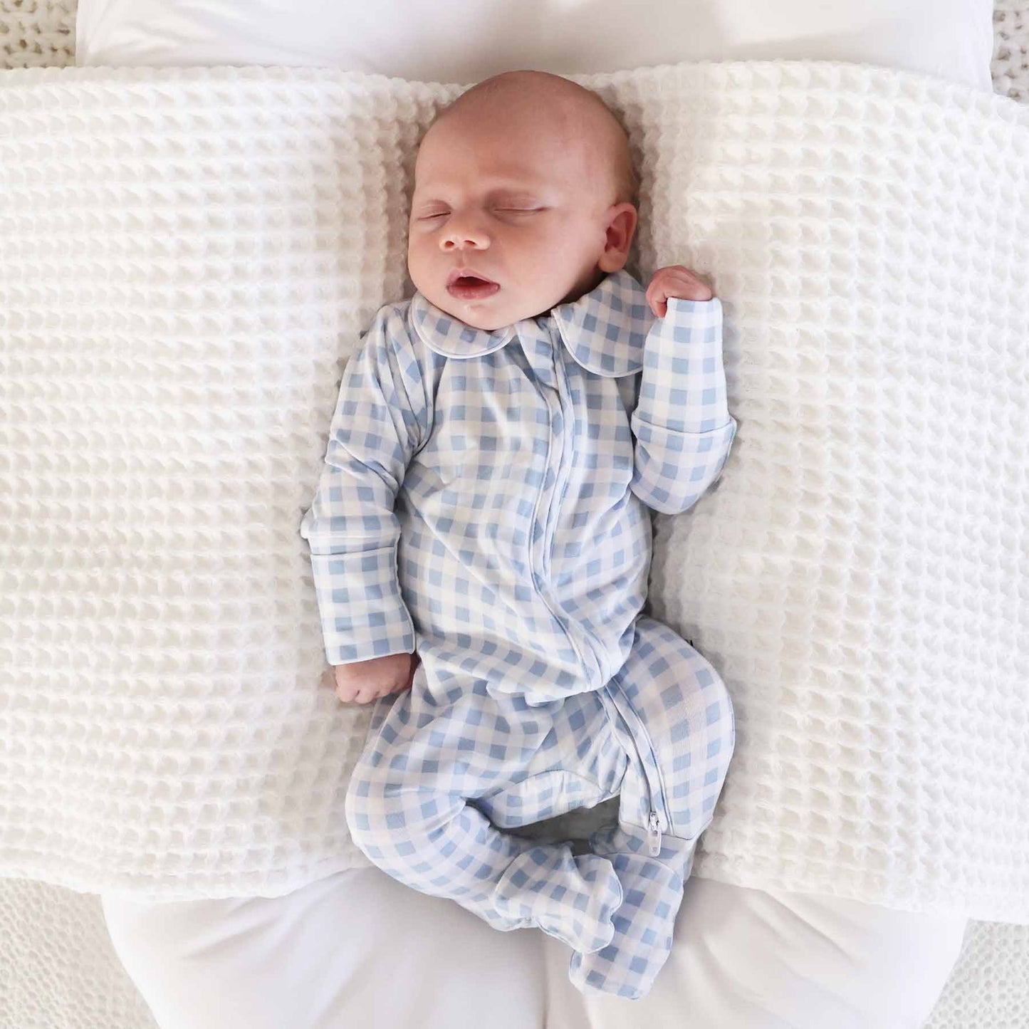 Pan Collar Zipper Footie: Dusty Blue Gingham