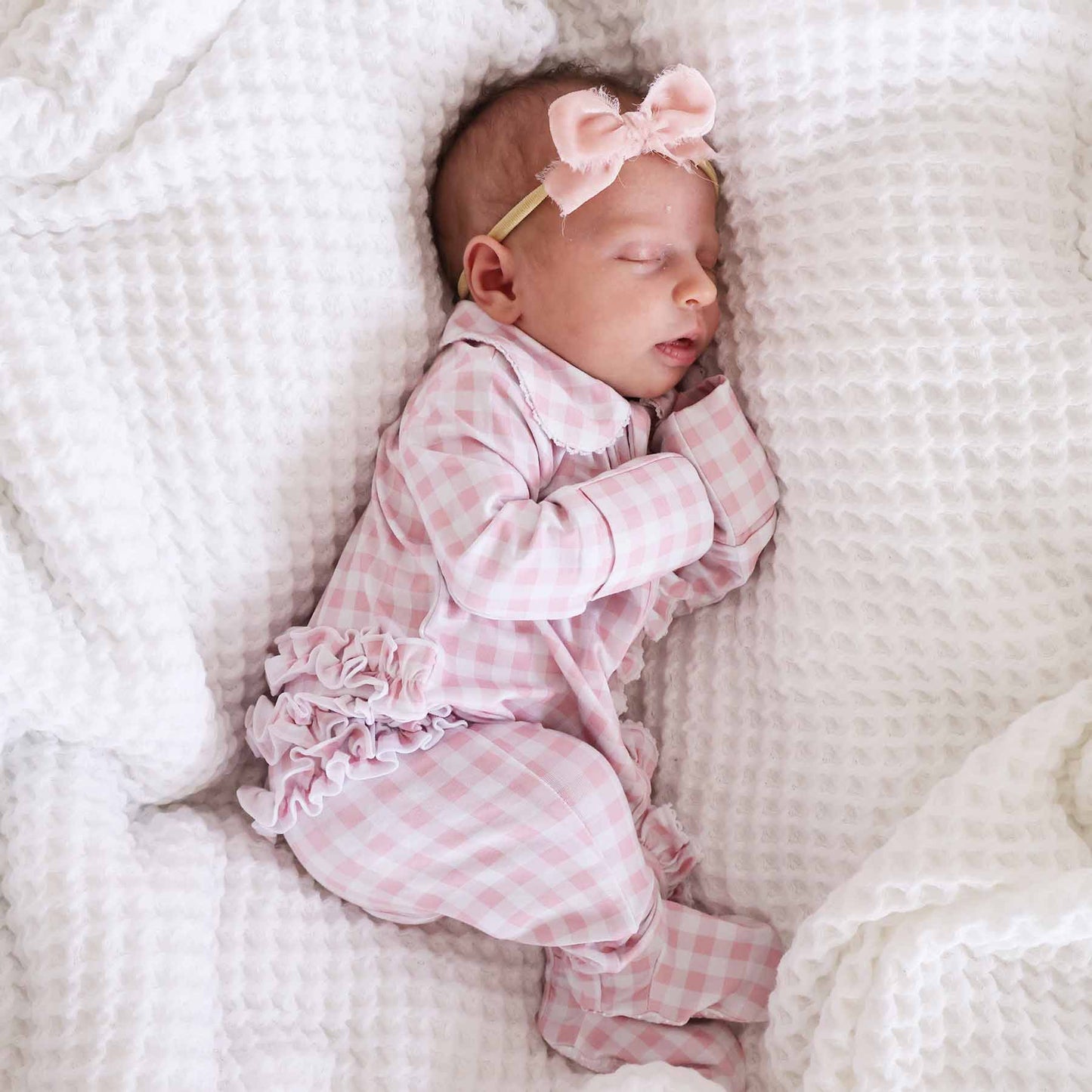 Peter Pan Collar Ruffle Zipper Footie: Rosy Gingham