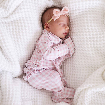 Peter Pan Collar Ruffle Zipper Footie: Rosy Gingham