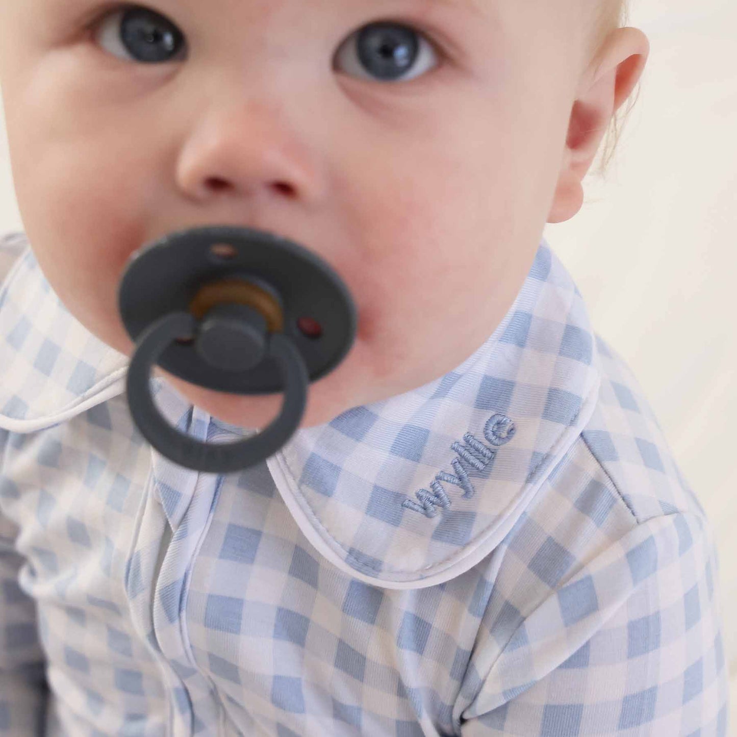 Pan Collar Zipper Footie: Dusty Blue Gingham