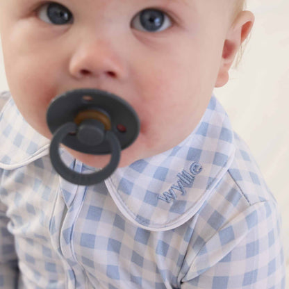 Pan Collar Zipper Footie: Dusty Blue Gingham