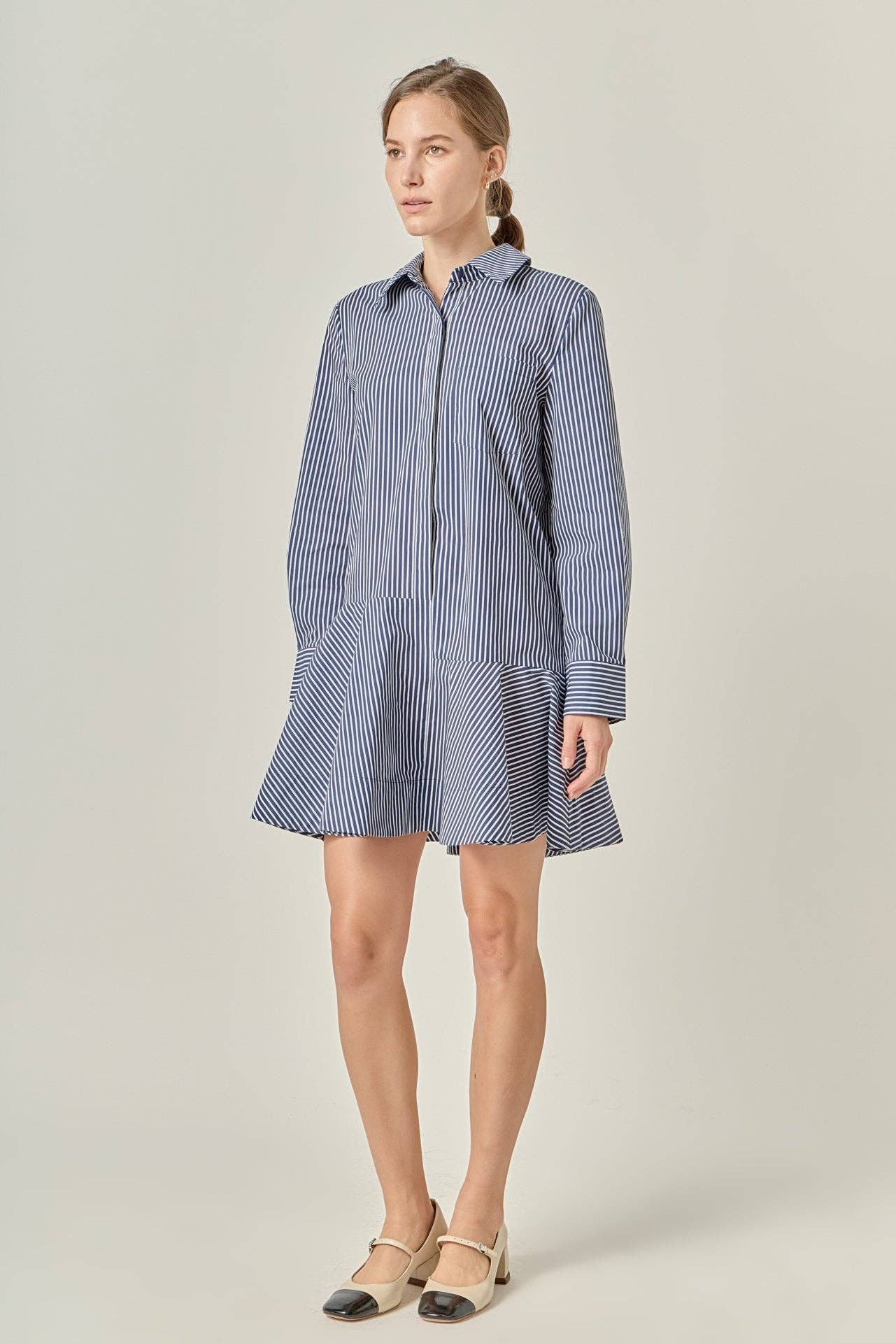 Stripe Collar Flared Skirt Dress- Navy