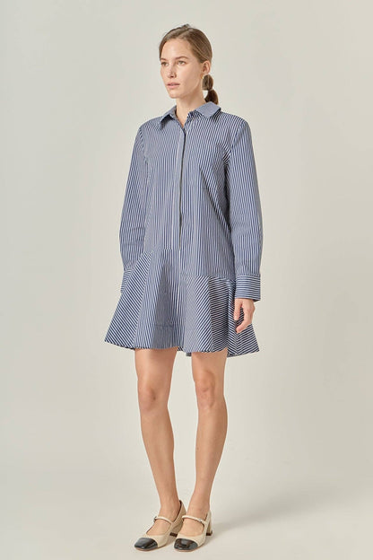 Stripe Collar Flared Skirt Dress- Navy