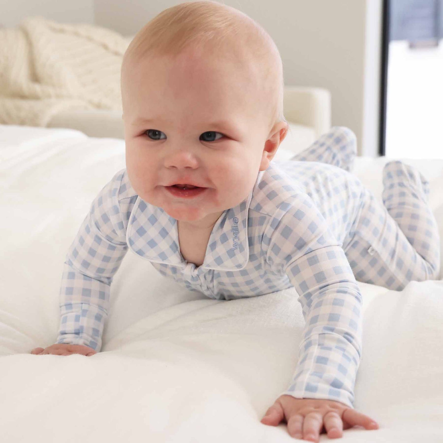 Pan Collar Zipper Footie: Dusty Blue Gingham