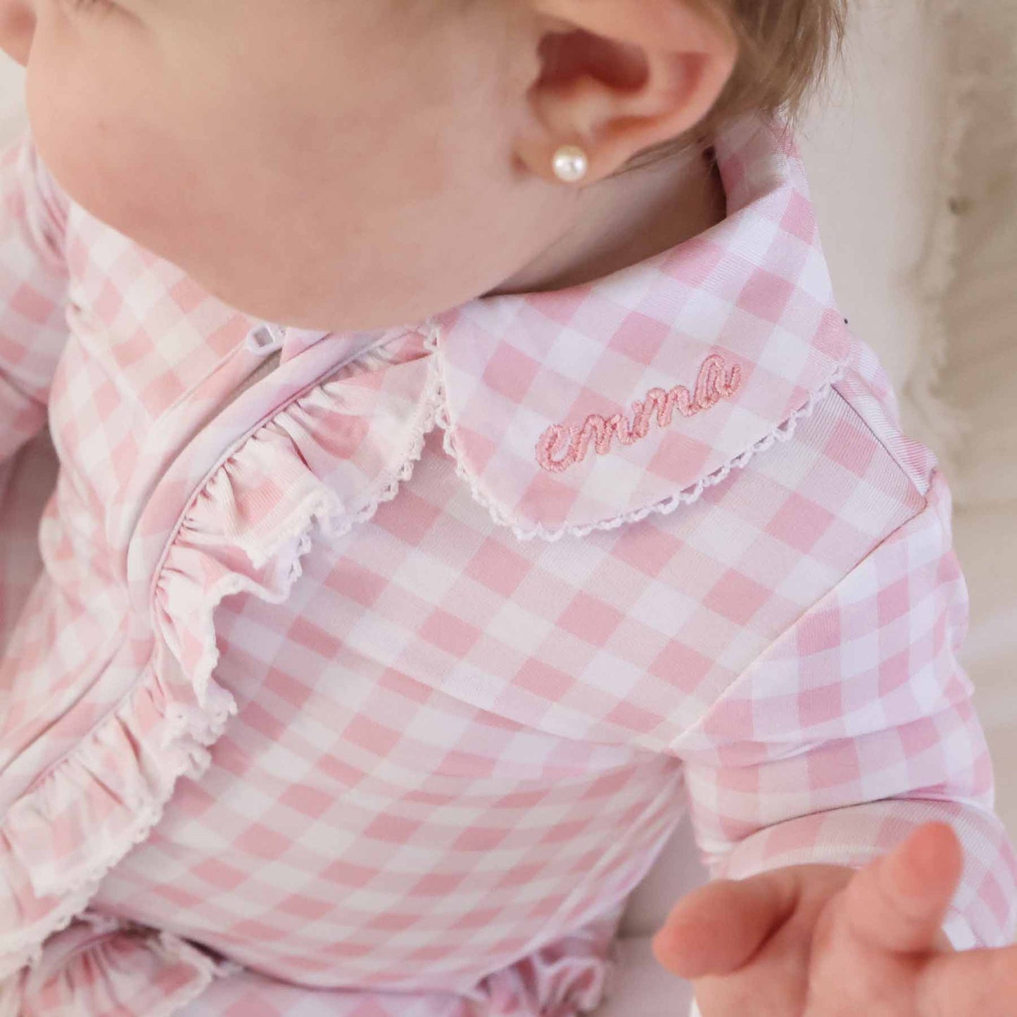 Peter Pan Collar Ruffle Zipper Footie: Rosy Gingham