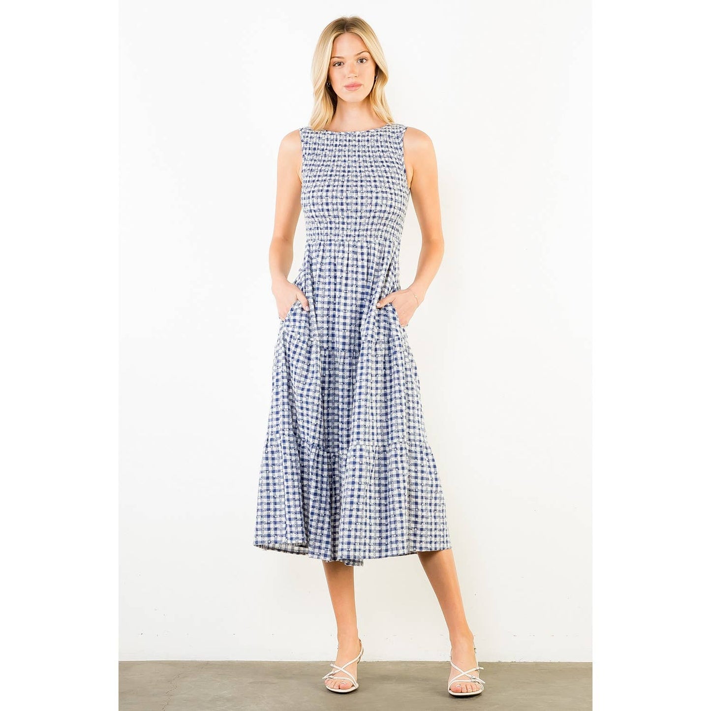 Sleeveless Navy Gingham Patterned Dress