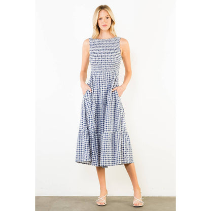 Sleeveless Navy Gingham Patterned Dress