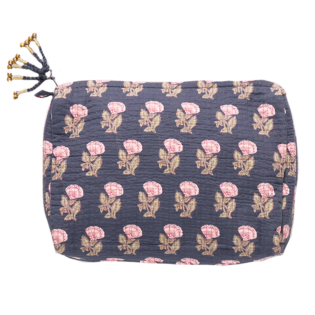 Navy Flower Quilted Pouch - Large