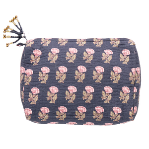 Navy Flower Quilted Pouch - Large