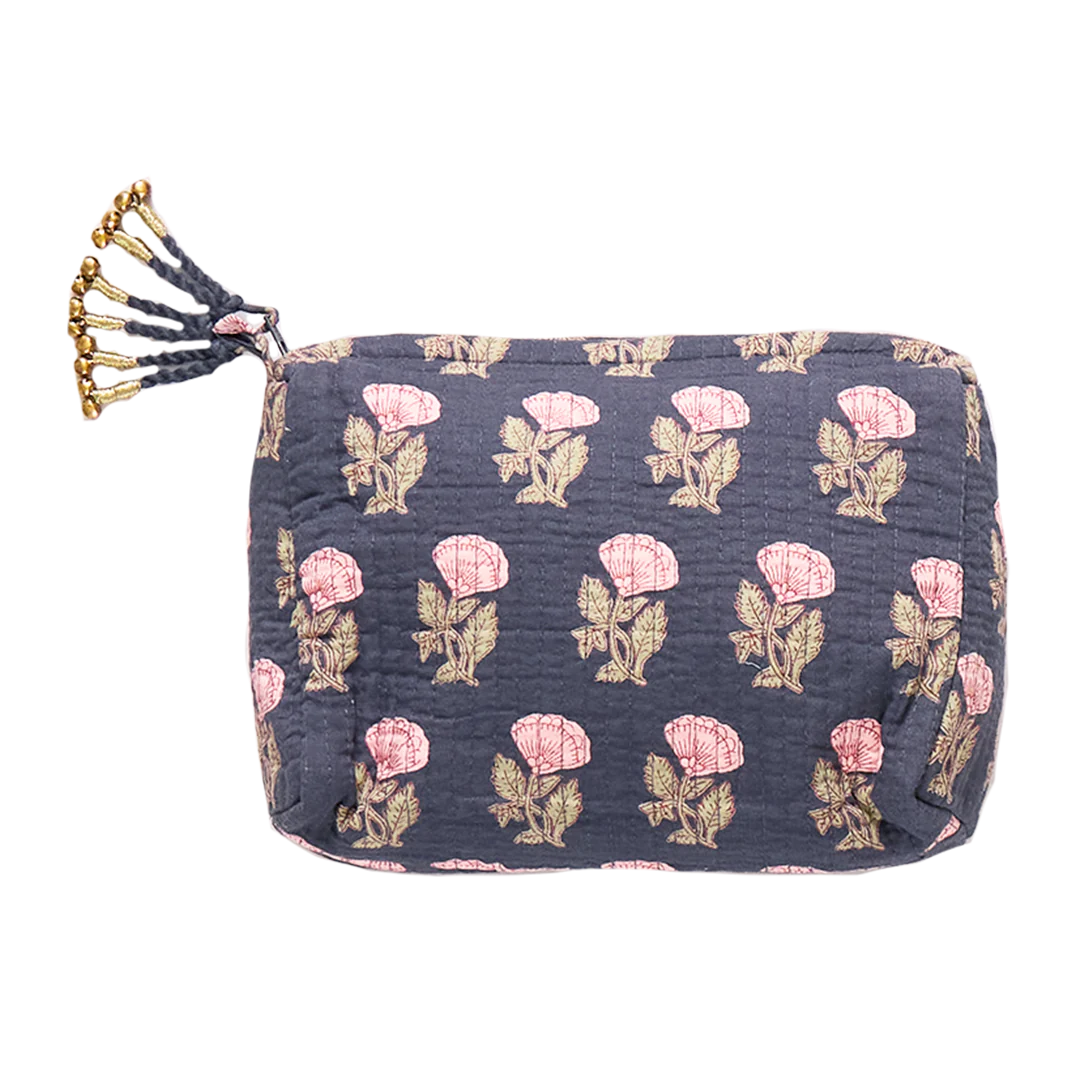 Navy Flower Quilted Pouch - Small