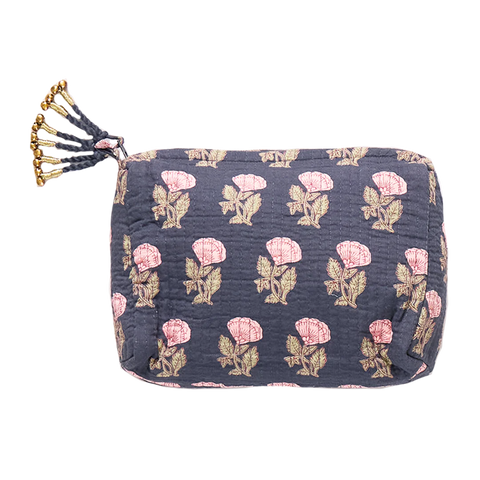 Navy Flower Quilted Pouch - Small