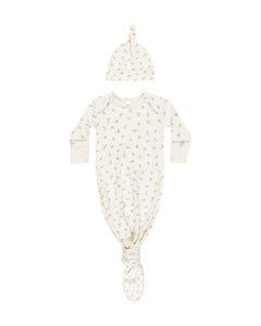 Knotted Baby Gown + Hat Set - Fleur