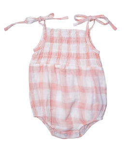 Tie Strap Smocked Bubble - Pink Gingham